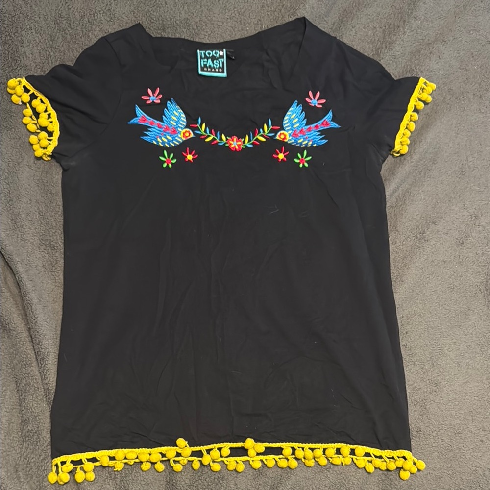 Too Fast Black Graphic Short Sleeve T-Shirt with Blue Birds